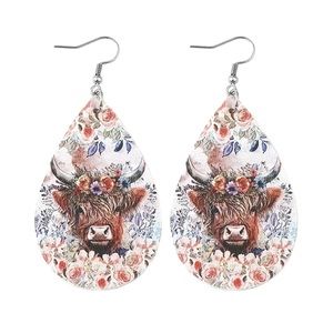 Leather Teardrop Earrings with Highland Cow and Pastel Flowers